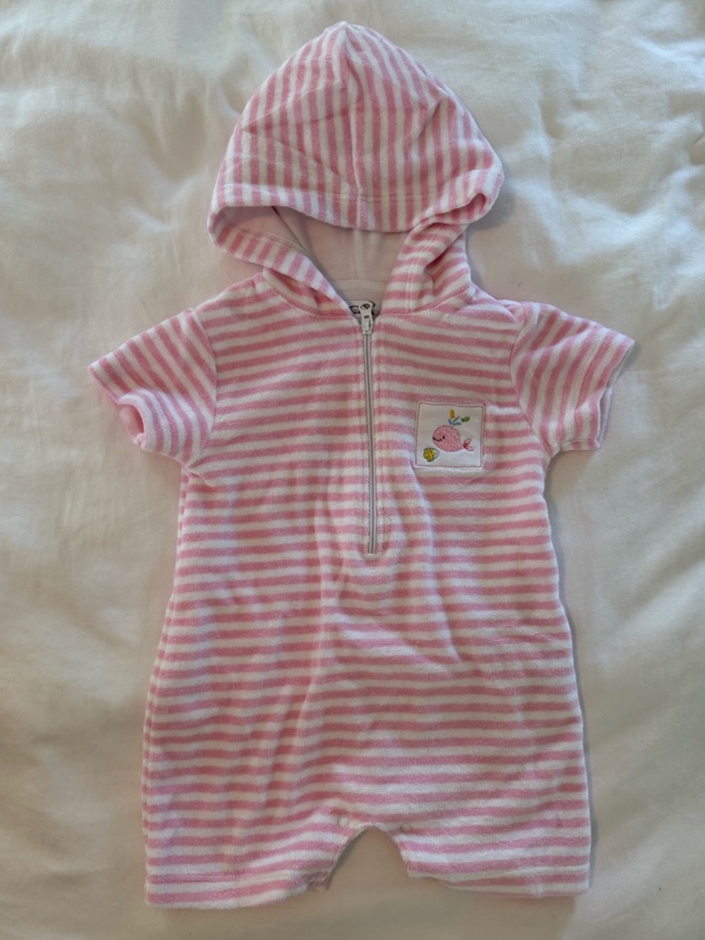 Kissy Kissy Whale Stripe Hooded Terry Romper- Size 3-6 months